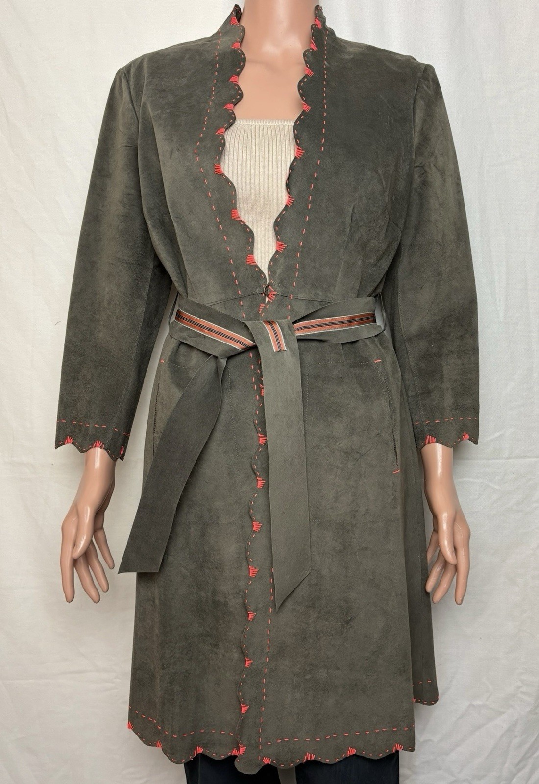 Rozae Nichols Suede Jacket w Belt Scalloped Hem Unique Boho Olive Green NWT
