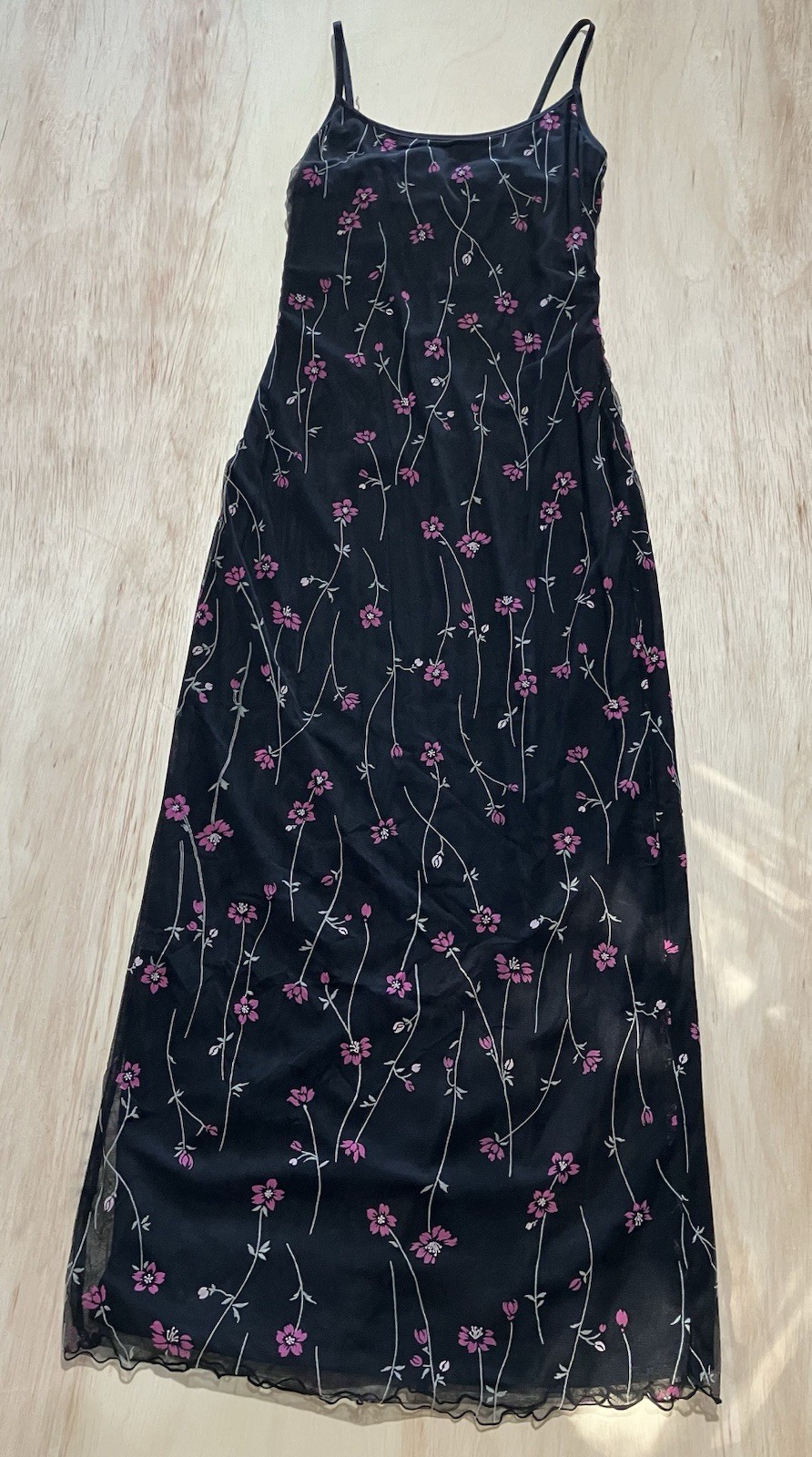 Vintage Byer Too Maxi Dress Black Floral Print Spaghetti Strap Fully Lined Sz M