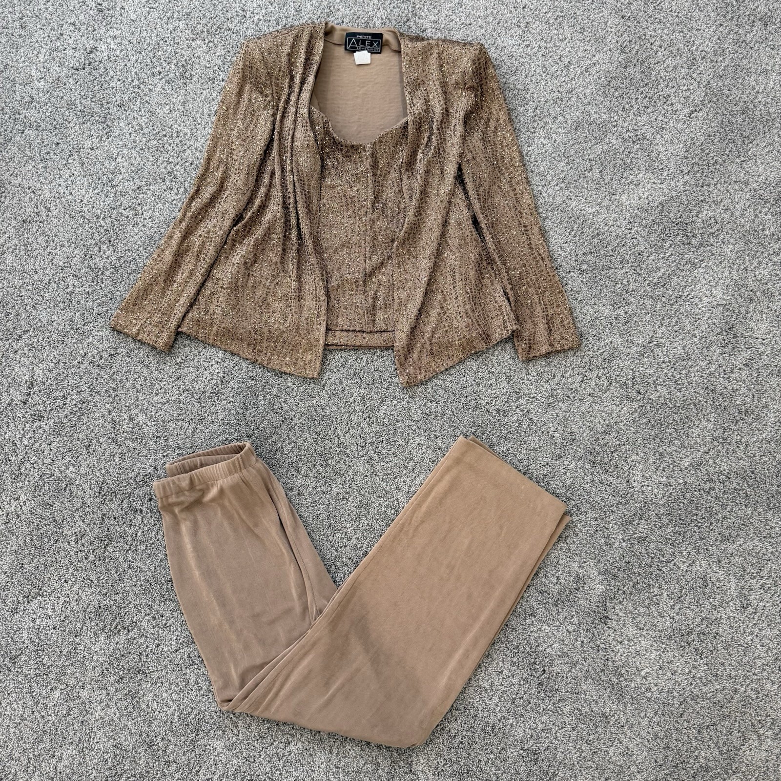 Vintage Alex Evenings 3 Piece Pant Set Beige Shimmer Made In USA Women’s 10 P