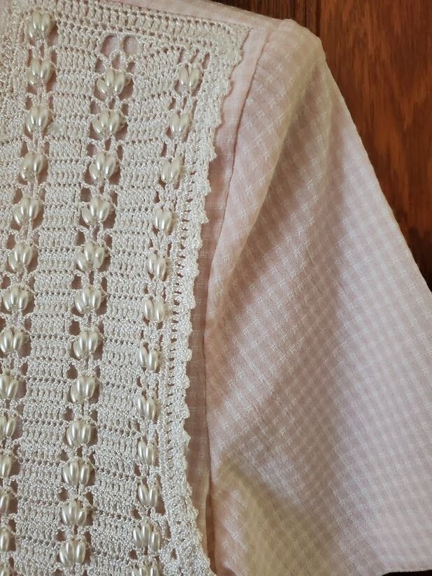 Halmode Petites Pink White Gingham Vintage Dress Crocheted Pearl Vest Overlay 6P