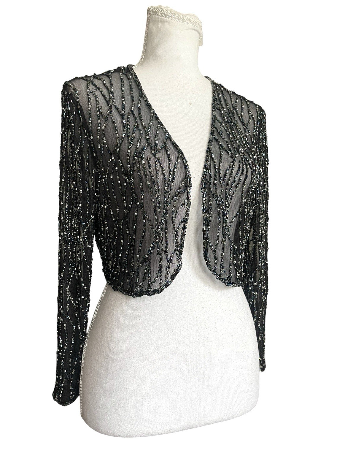 Vintage 90s Sheer Mesh Beaded Bolero Shrug Sz L Old Hollywood Glamour Whimsigoth