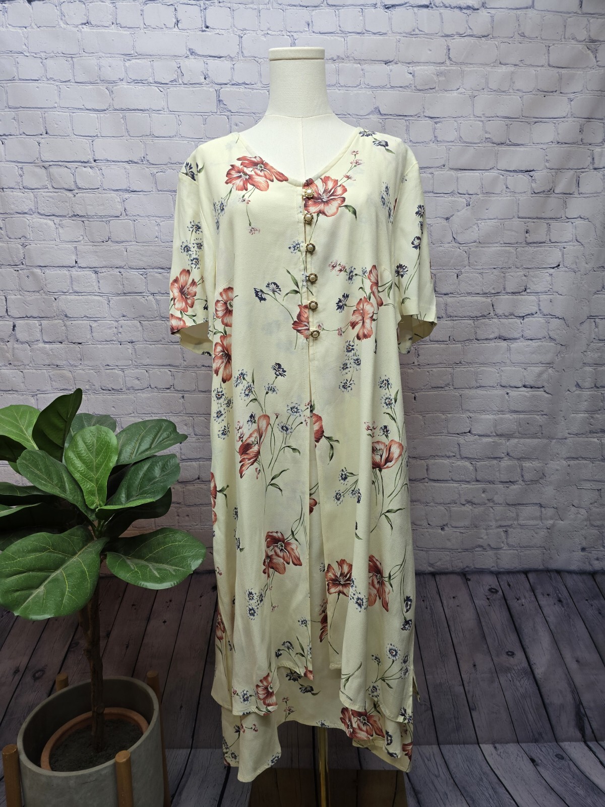 90s Another Thyme Floral Overlay Short Sleeve Dress – Size 18