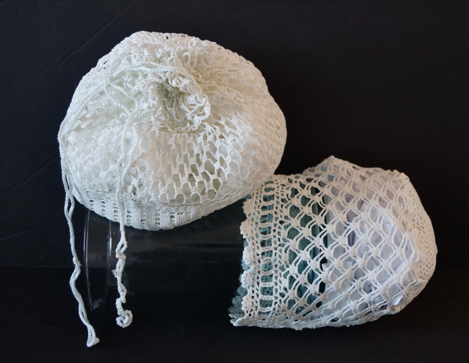 Vintage Crocheted Boudoir Night Cap Sleep Cap Bonnet & Matching Drawstring Bag