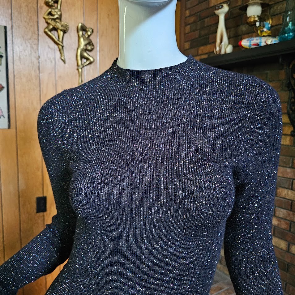 Vtg 80s Rainbow Glitter Goth Starry Night Metallic Knit Midi Party Emo Dress S