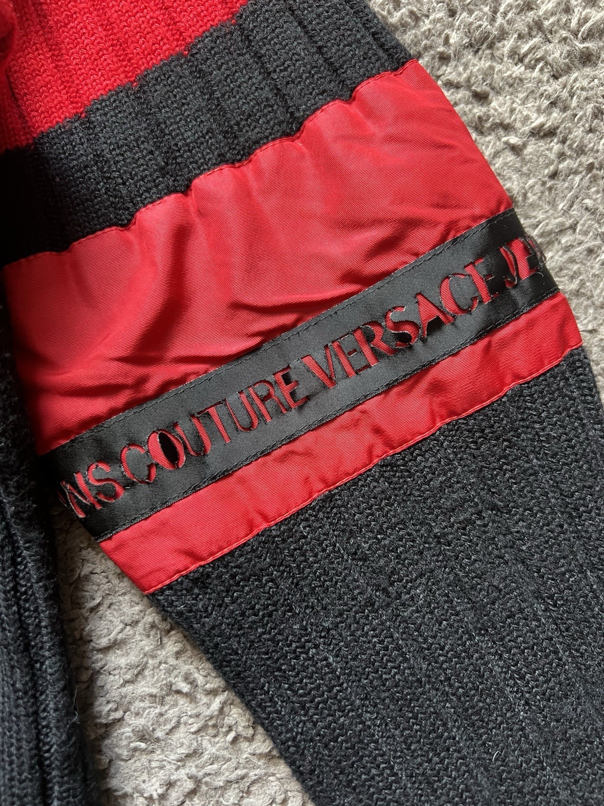 Vintage Versace Sweater Medium Knit Red Black High Neck Ribbed Couture Y2K 90s