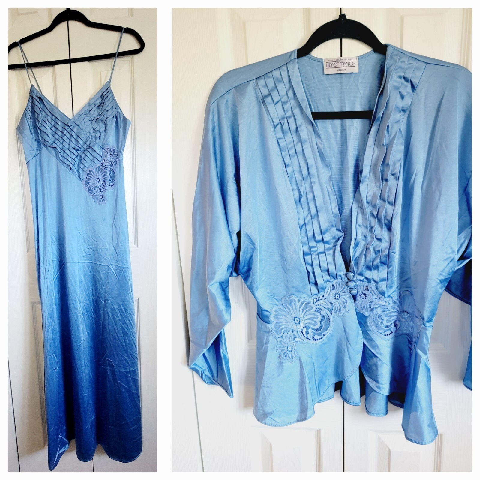 Lily Of France M Vintage 60&rsquo;s Long Nightgown Robe Blue Set Union Made USA Lace