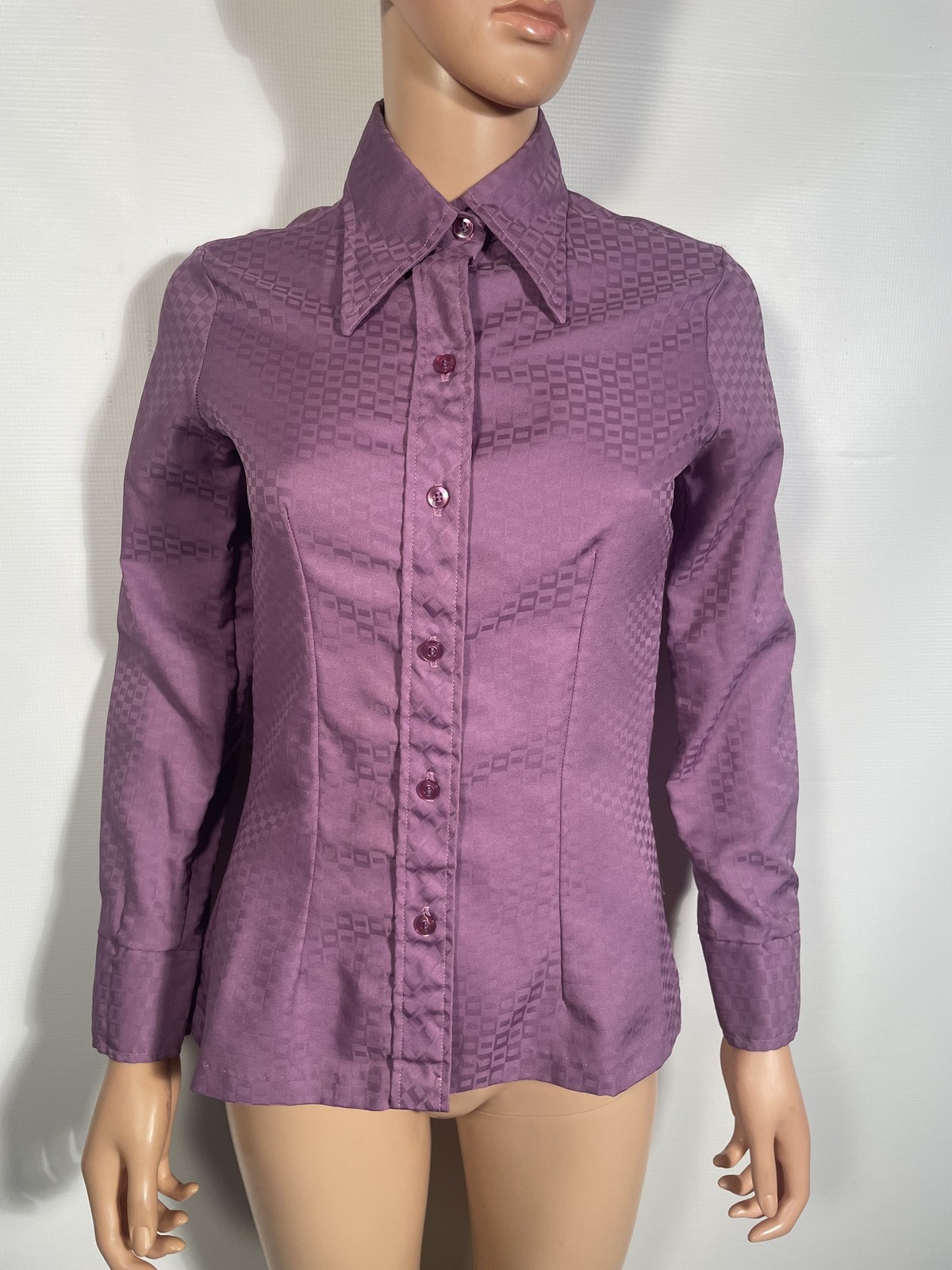 Vitg 70s Dagger Collar Damask Weave Geometric Print Tailored Purple Blouse Sz S