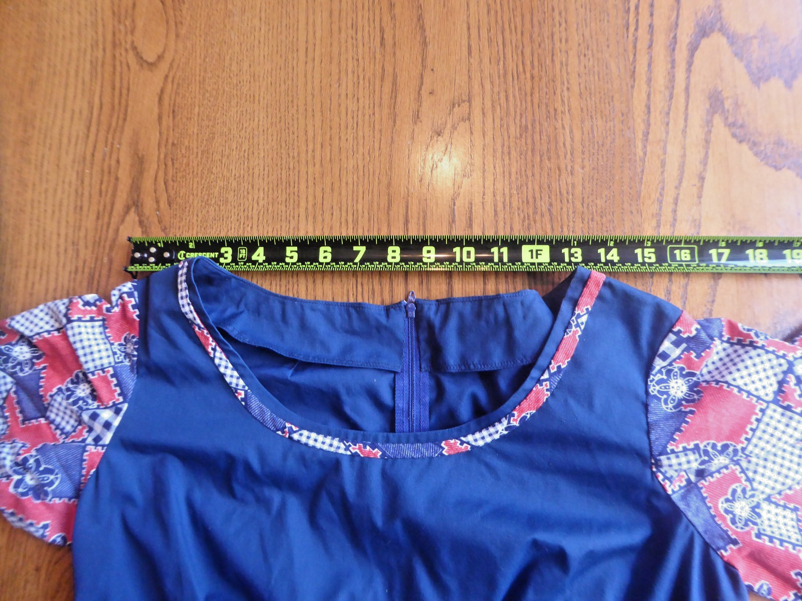 Vtg 70s Patchwork Quilt Print Dress Handmade Tulip Sleeve Patriotic Prairie Med.