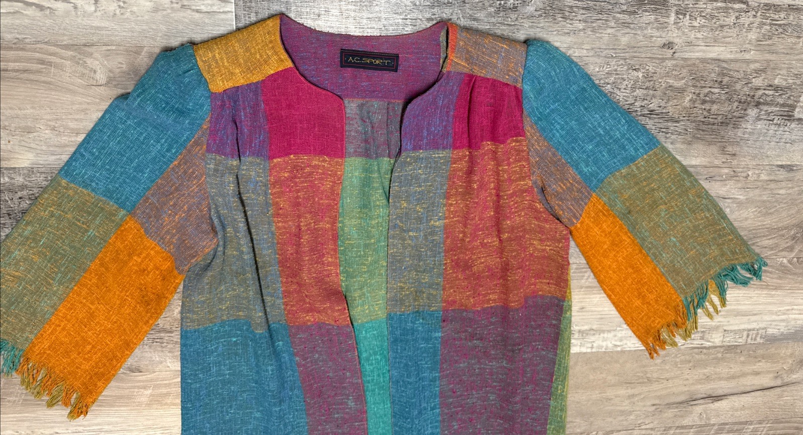 Vtg AC Sport 3 Pc Patchwork Skirt and Jacket Blazer Belt Suit Multi Color Boho S