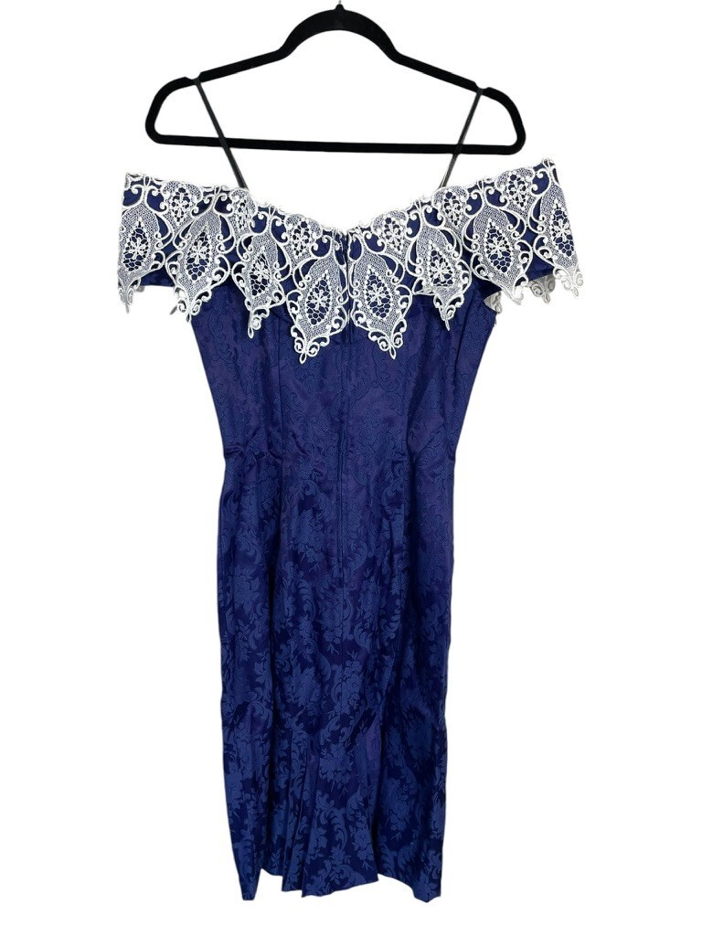 80s Scott McClintock Blue Jacquard Off Shoulder Wide Lace Wiggle Dress Size 8