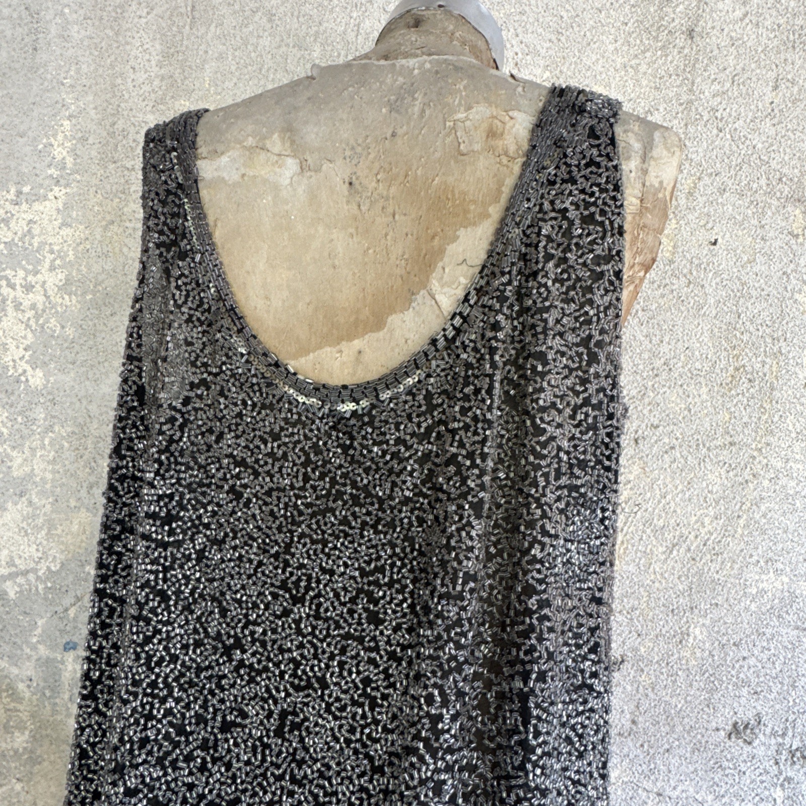 Antique 1920s Completely Silver Icy Beaded Gown Sequins Dress Scalloped Hem VTG