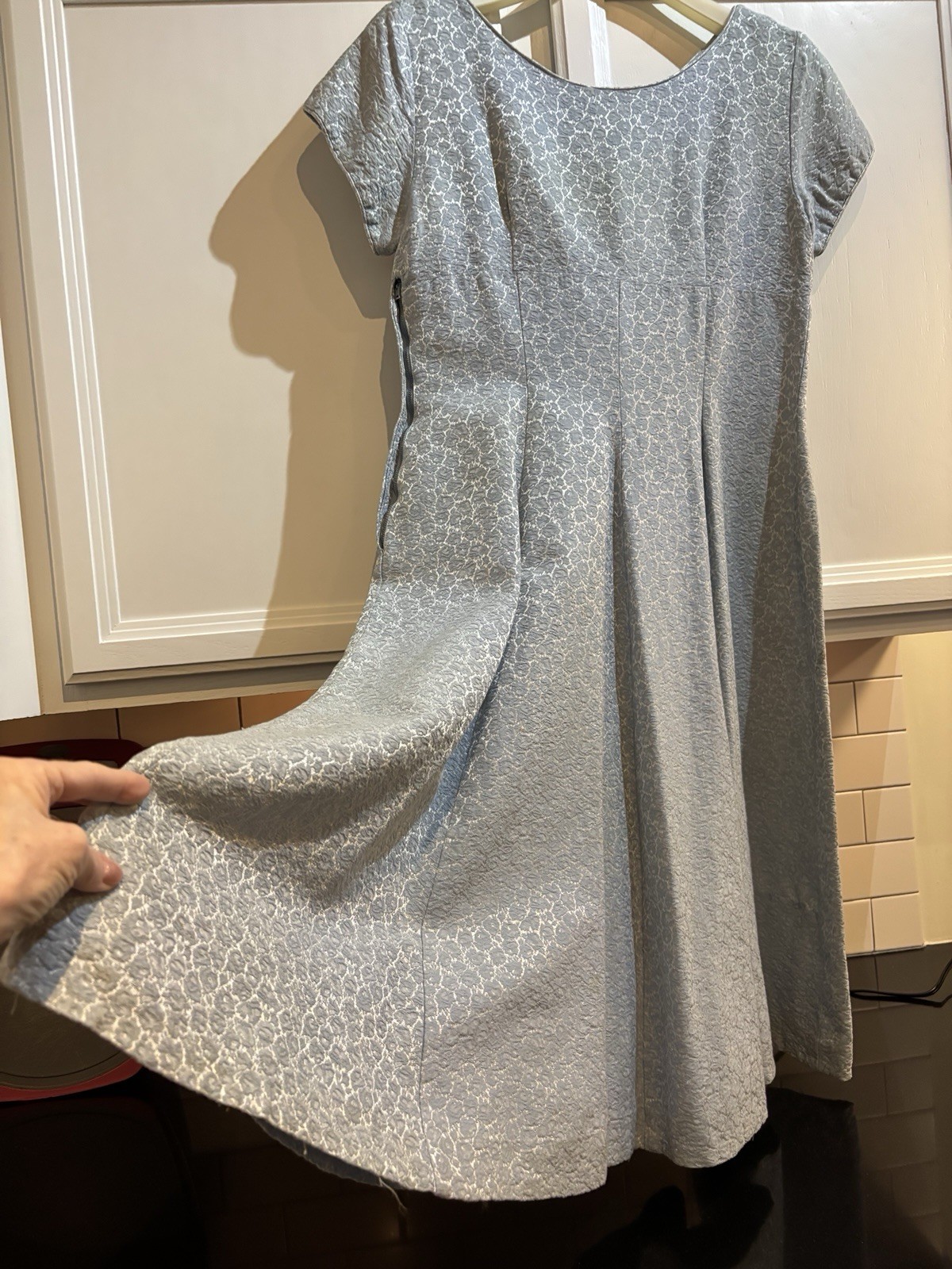 1960s Vintage Shimmering Powder Blue Floral Brocade Mid Length Dress. M/L Hand