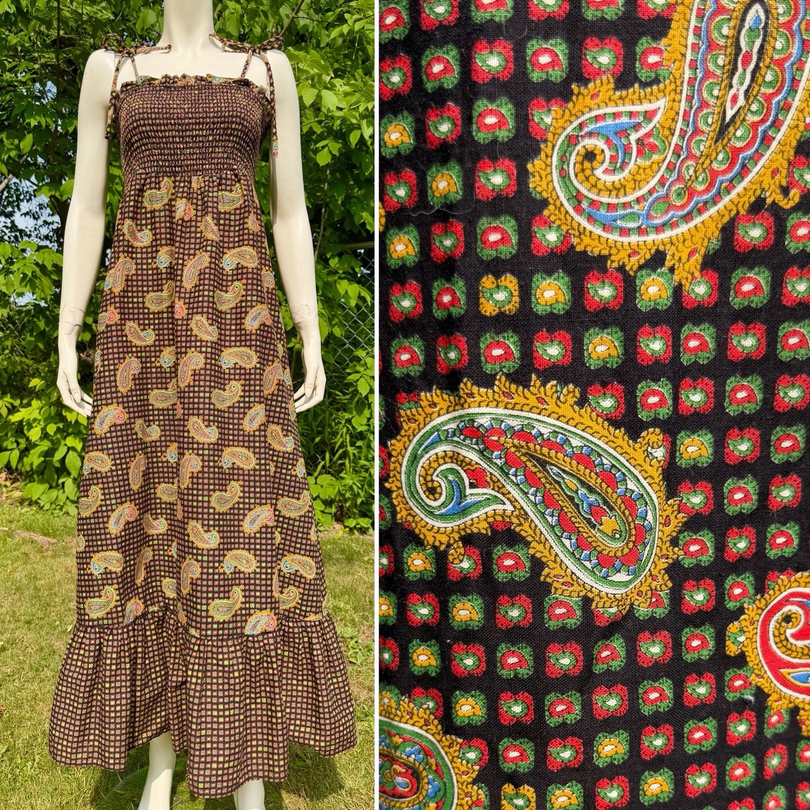 Vintage YOUNG EDWARDIAN DRESS 1970s Maxi Paisley Shoulder Ties Sundress Bohemian