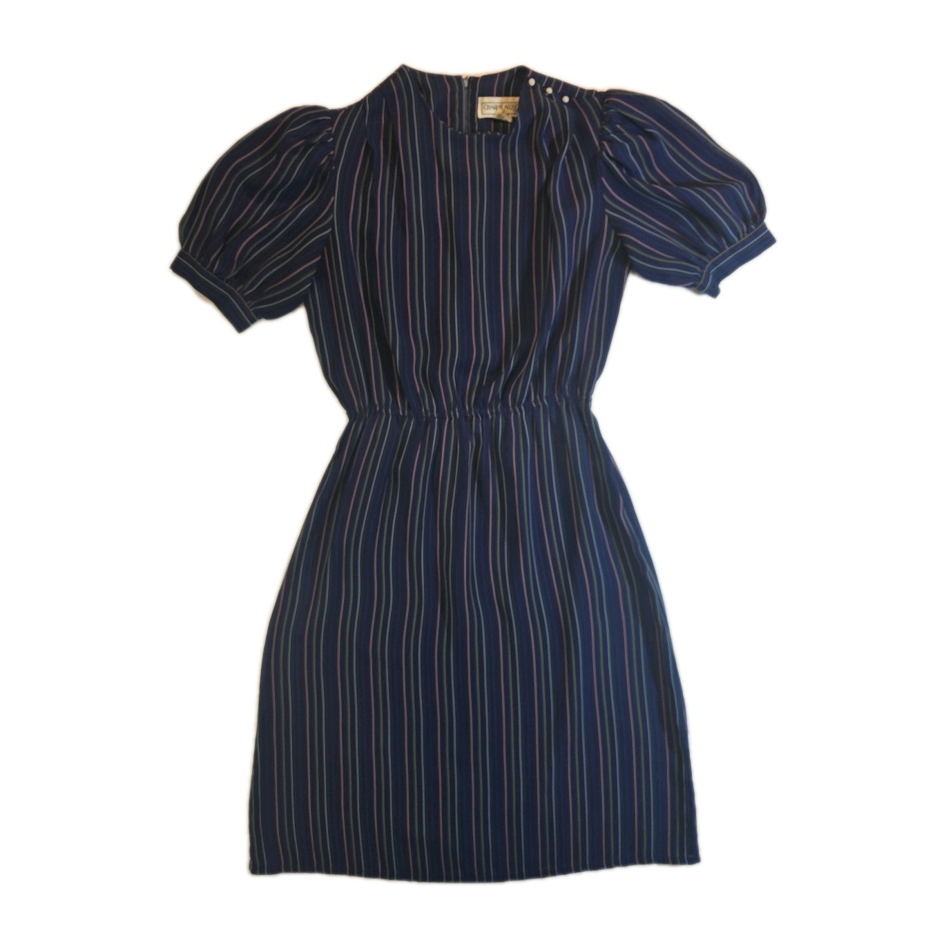 Vintage Navy Blue Charlee Allison Colorful Striped Midi Dress – Size 9/10