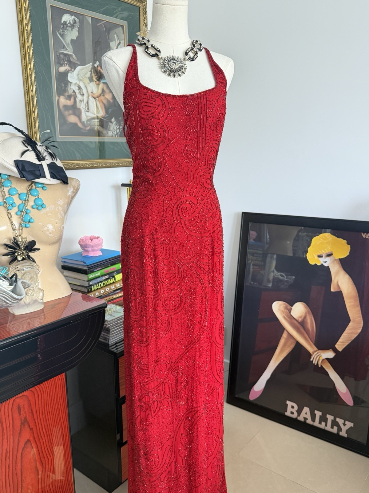 Vintage Cache Red Fully Beaded Evening Gown Deadstock NWT Size M