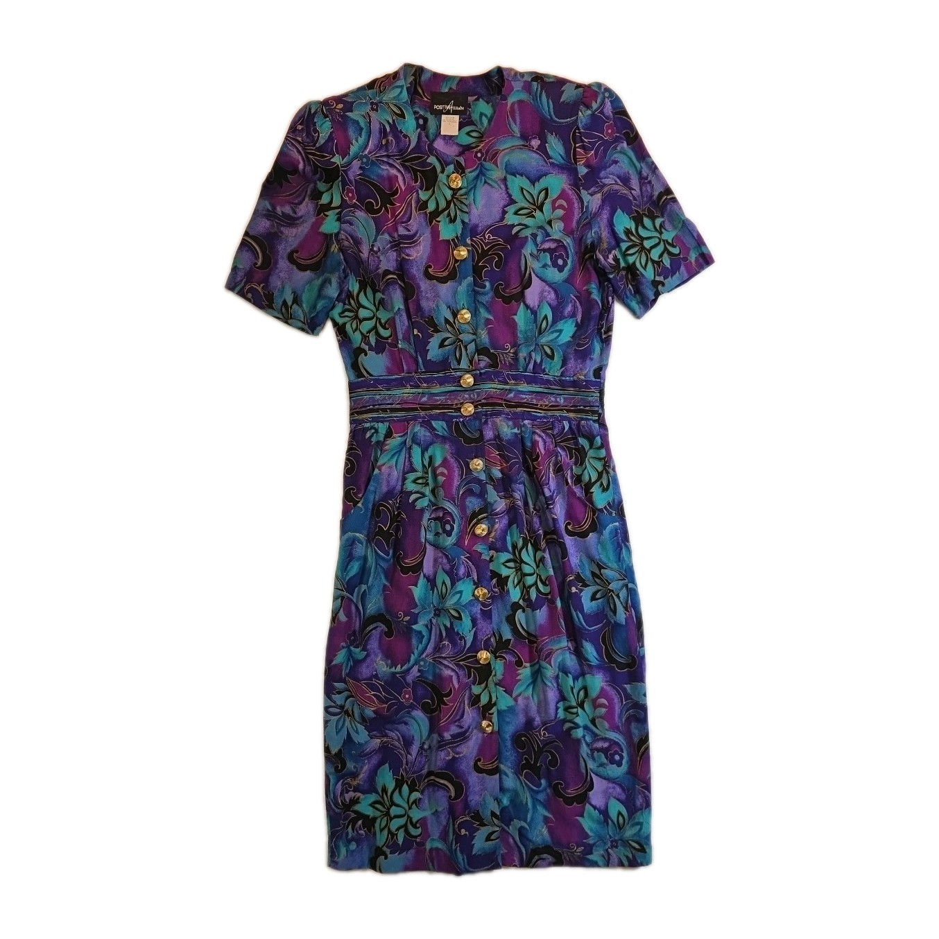 Vintage Positive Attitude Purple & Teal Floral Print Dress – Size 10