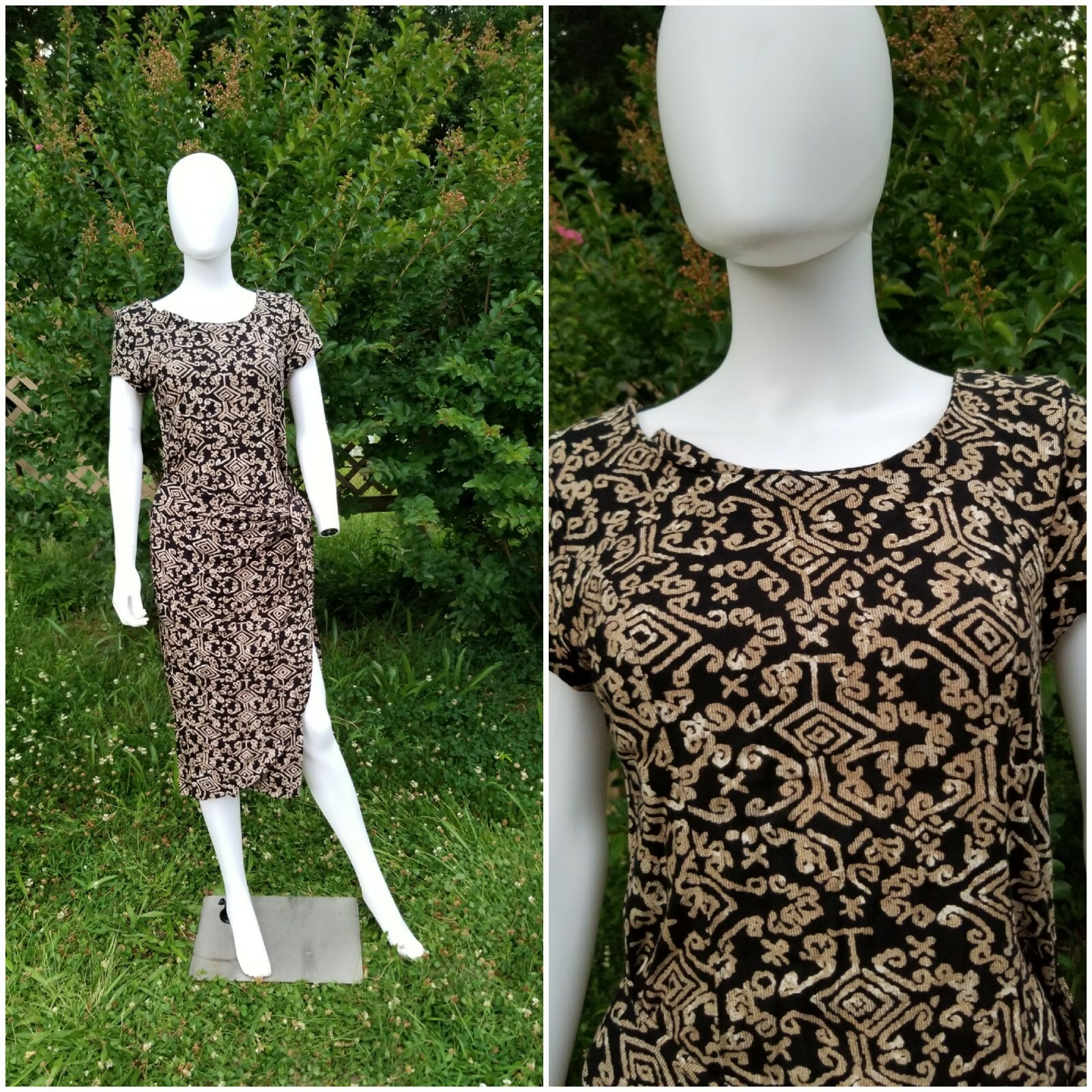Vintage 90s Jessica Howard Rayon Tribal Print Midi Fitted wiggle Dress W26-27&Prime;