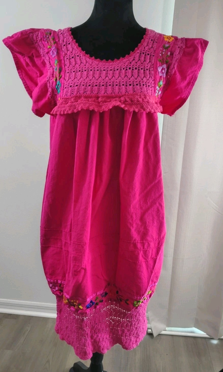 Vtg Style Mexican Embroidered Dress San Antonino Midi Pink Smocked Oaxacan Boho