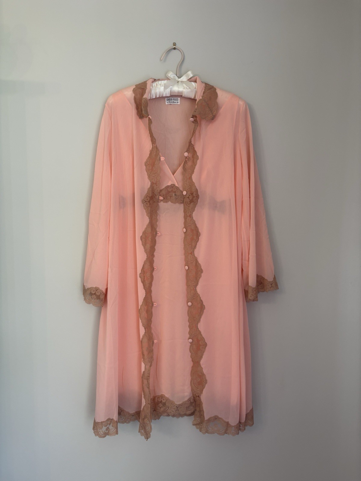 Vtg Emilio Pucci Formfit Rogers Pink Lace Nightgown Robe M medium Peignoir EUC