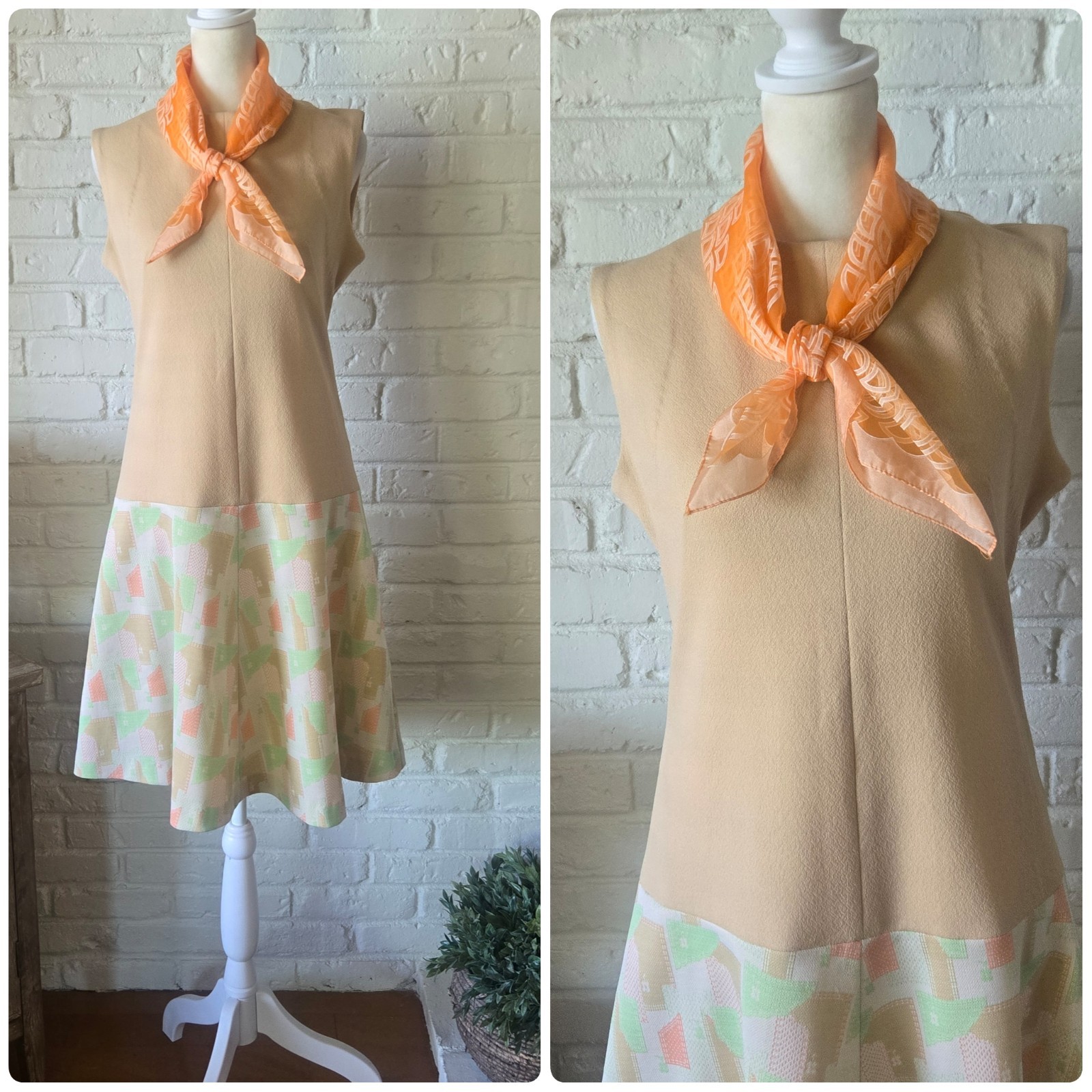 Vtg 1960s 70 GoGo Mod Geometric Dress With Matching Scarf, Excellent, S, 4/6