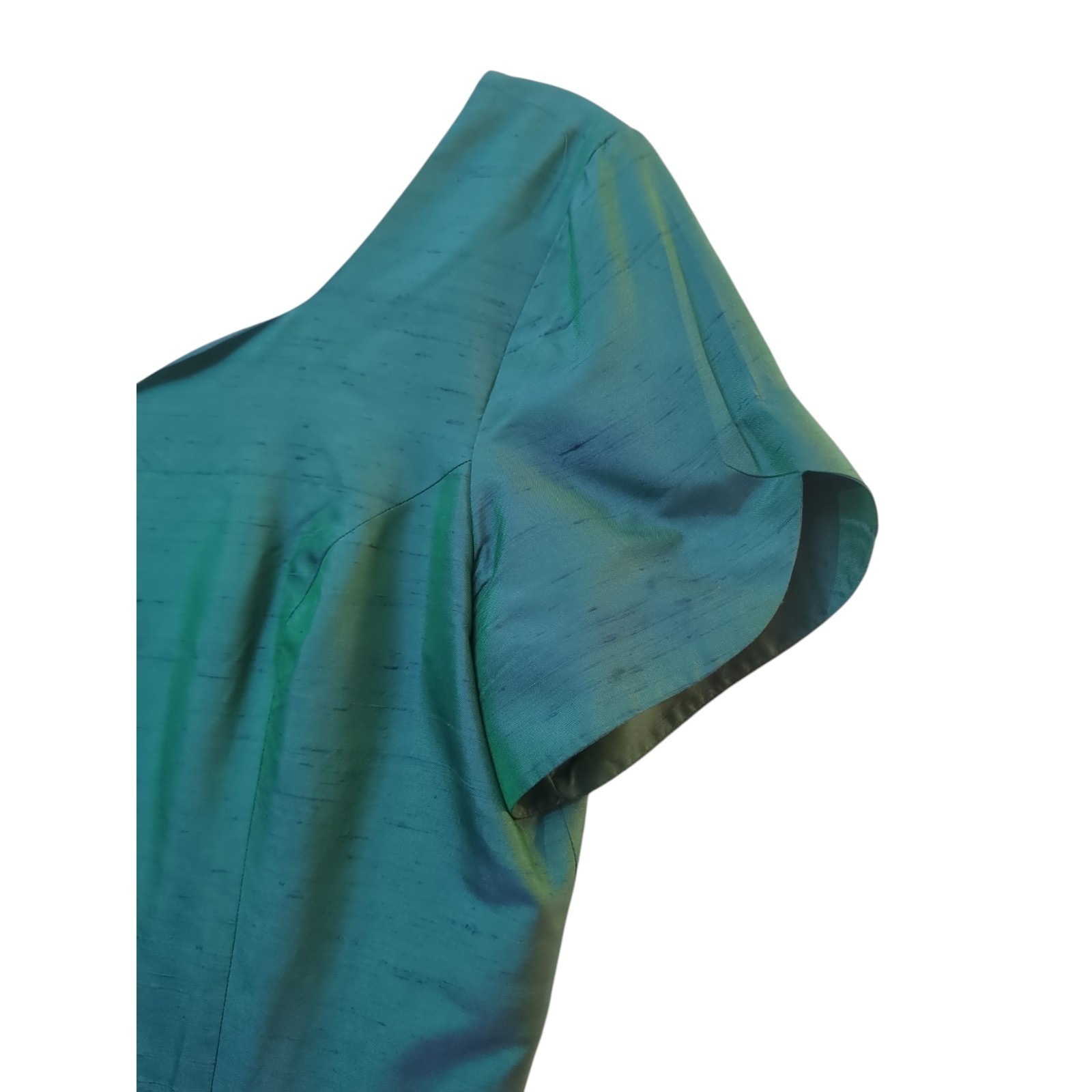 VINTAGE LAURA ASHLEY 100% SILK DUPIONI Iridescent Peacock Fit &Flare Dress US 12