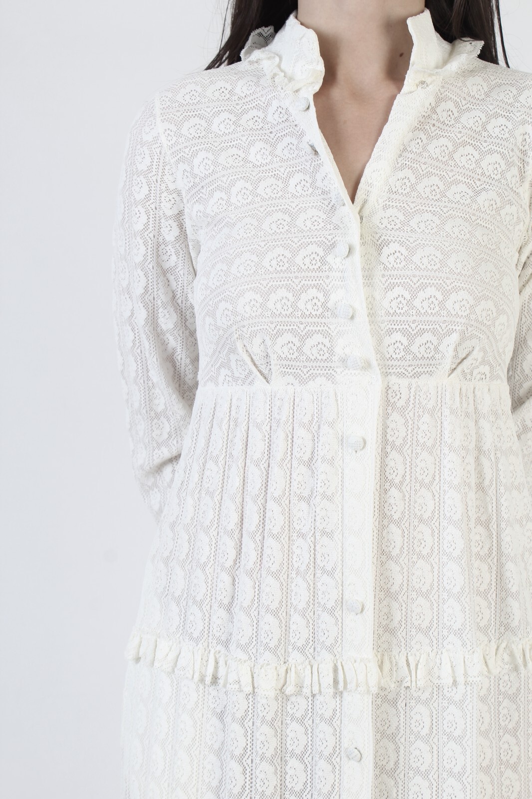 Vintage Plain White Lace Dress Button Up Victorian Tiered Sheer High Waist Midi