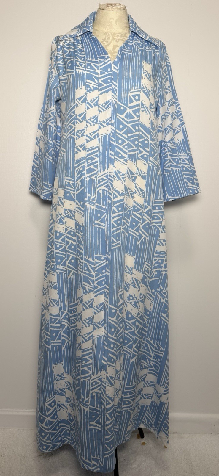Gossard Muumuu Caftan Maxi Dress L Blue White Abstract Vtg Hostess Gown Lounge