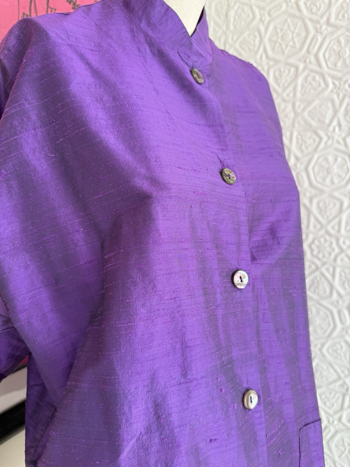 Vintage 1990s silk blouse purple mandarin collar minimalist art to wear Gerties