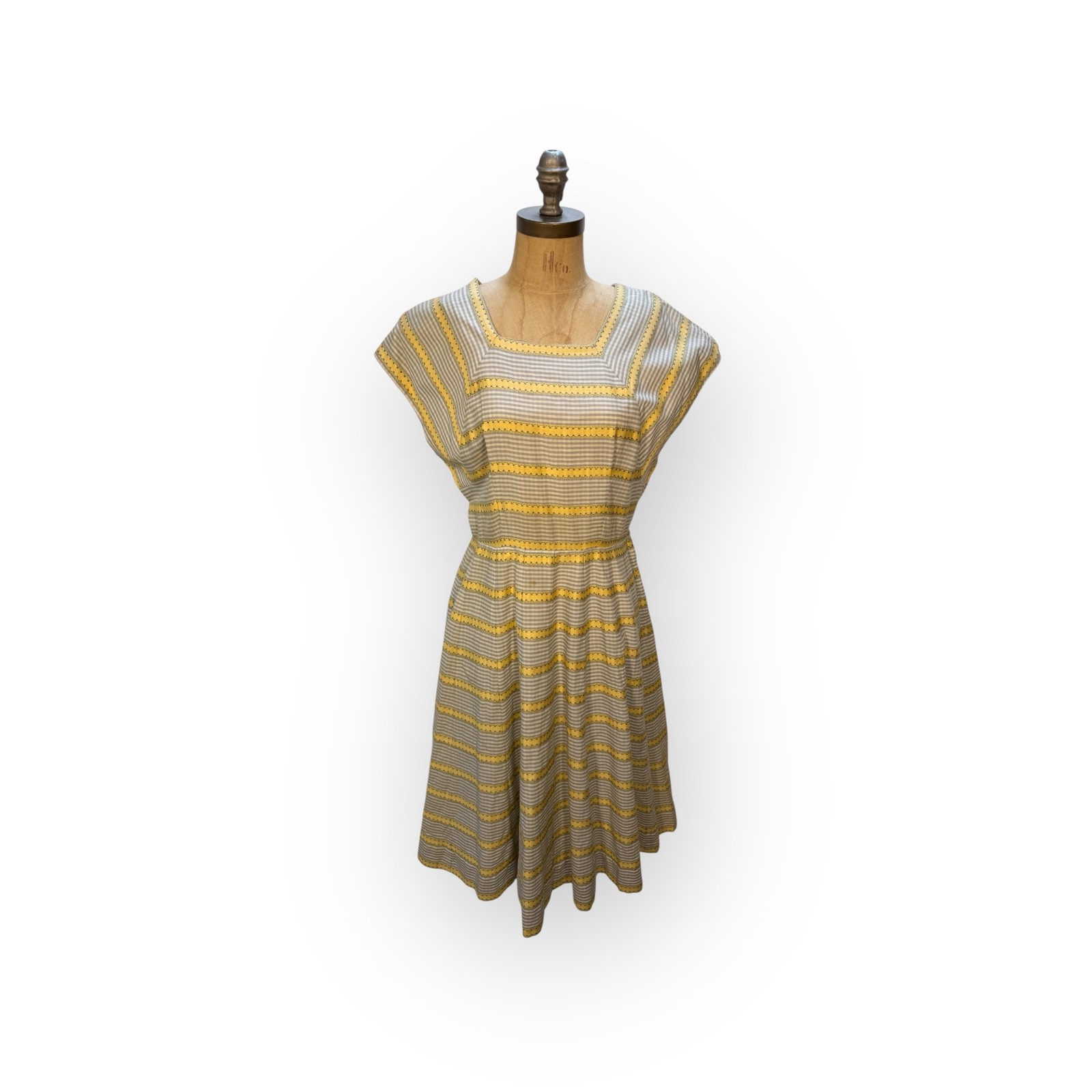 Vintage 1950&rsquo;s Wildman Originals Blue Yellow Folk Stripe Cotton Day Dress 8 M