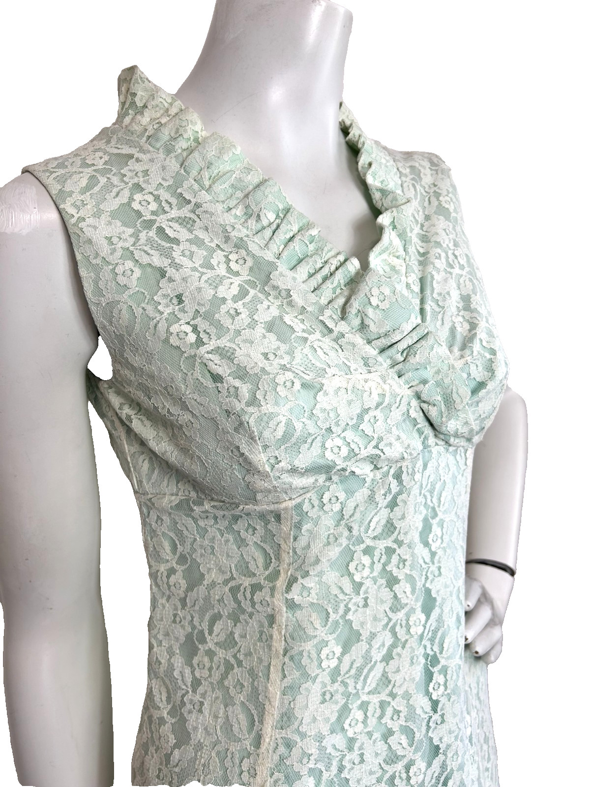 50s Lace Column Dress Size S Aqua Ruffle Sleeveless Lined Ruffle Empire Vintage