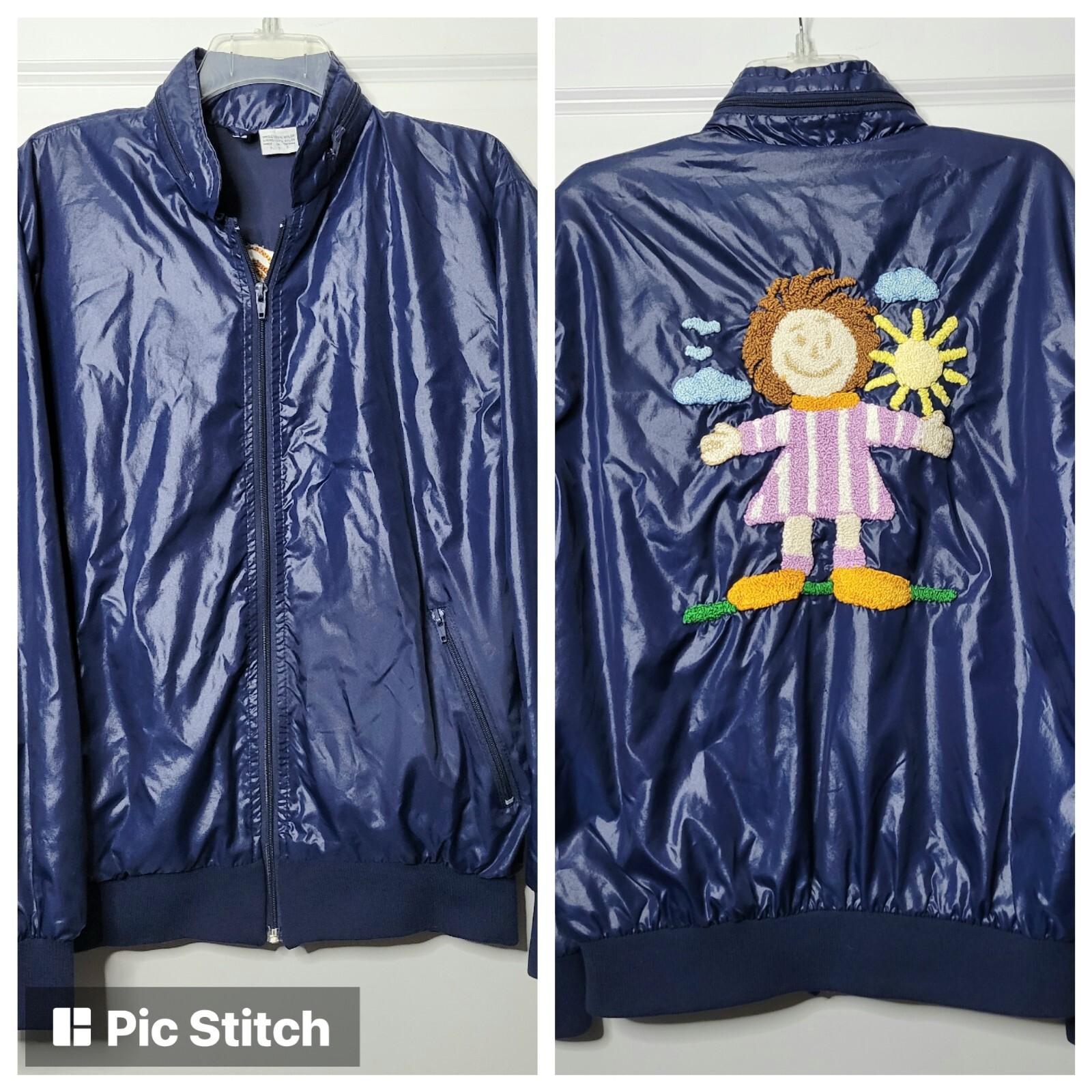 VTG Windbreaker Zip Up Jacket Women&rsquo;s XS Blue Rug Knit Doll Hidden Hood 80s