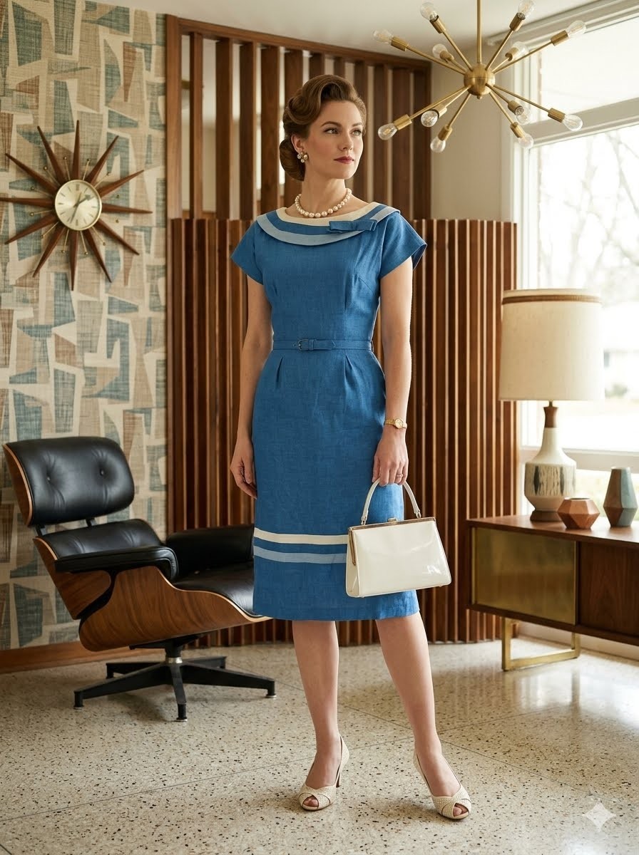 Vintage 50&rsquo;s Nautical Sailor Wiggle Pencil Dress Blue Linen Pin Up Mad Men Retro