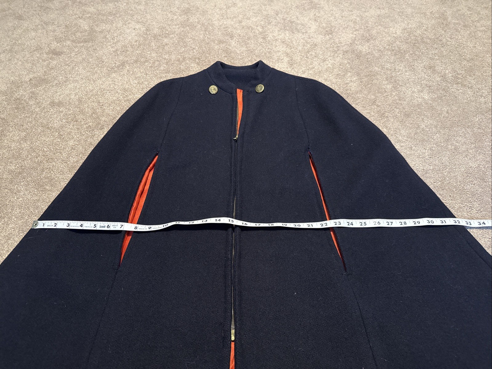 Vintage Malco Modes Blue Wool Zip Nurse Cape Cloak Red Lining Gold Buttons
