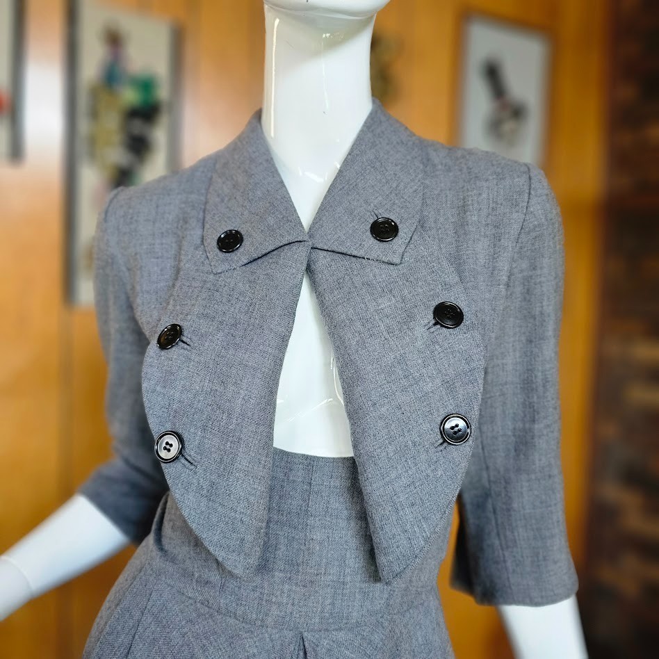Vtg 40s 50s Wing Cuff Gray Wool Full Skirt Victory Suit Carlye Coat Dress XS/S