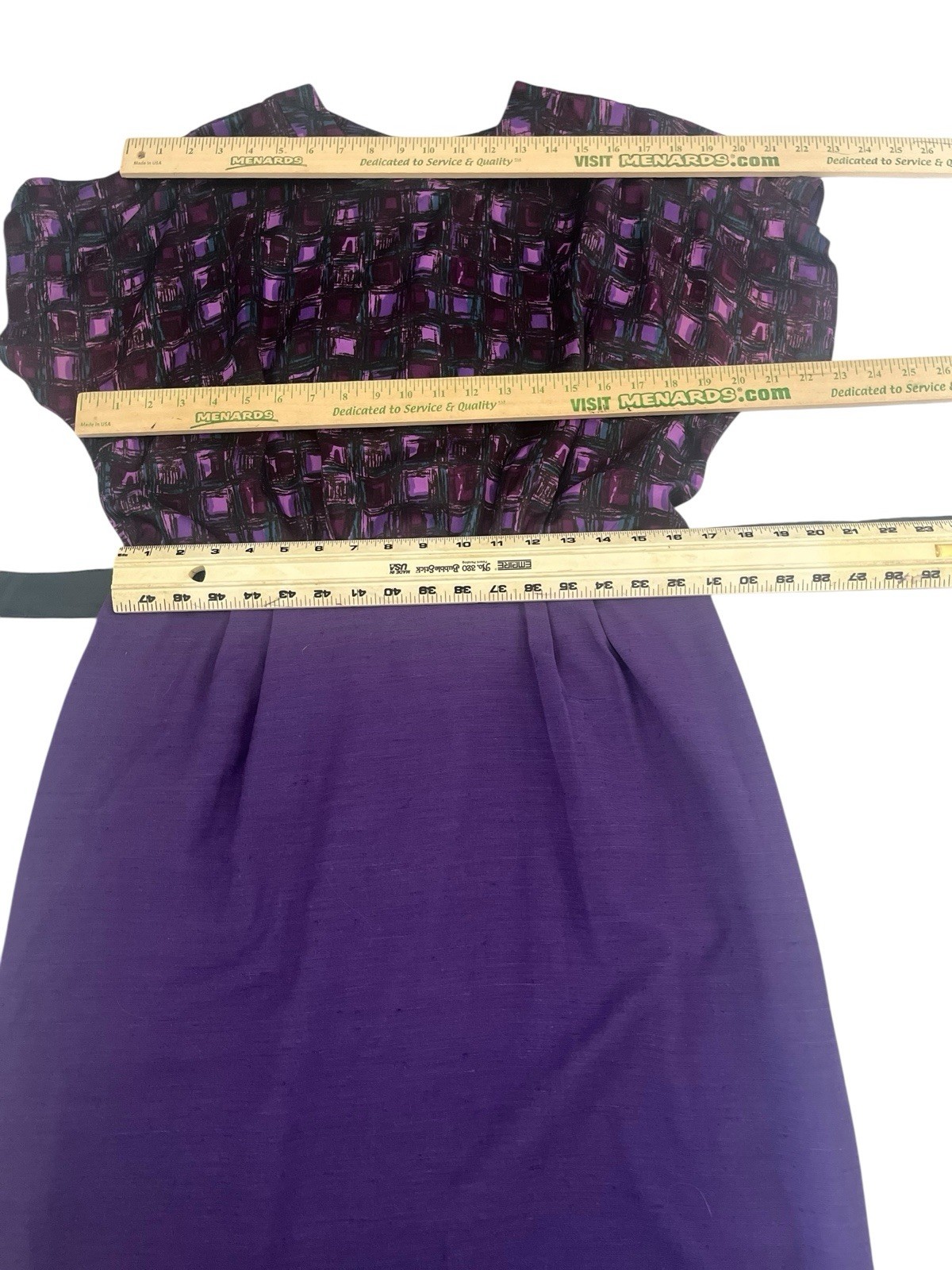 Vtg 50s Atomic Print Dress L Purple Cap Sleeve Silk Solid Skirt Belt Pencil Rare