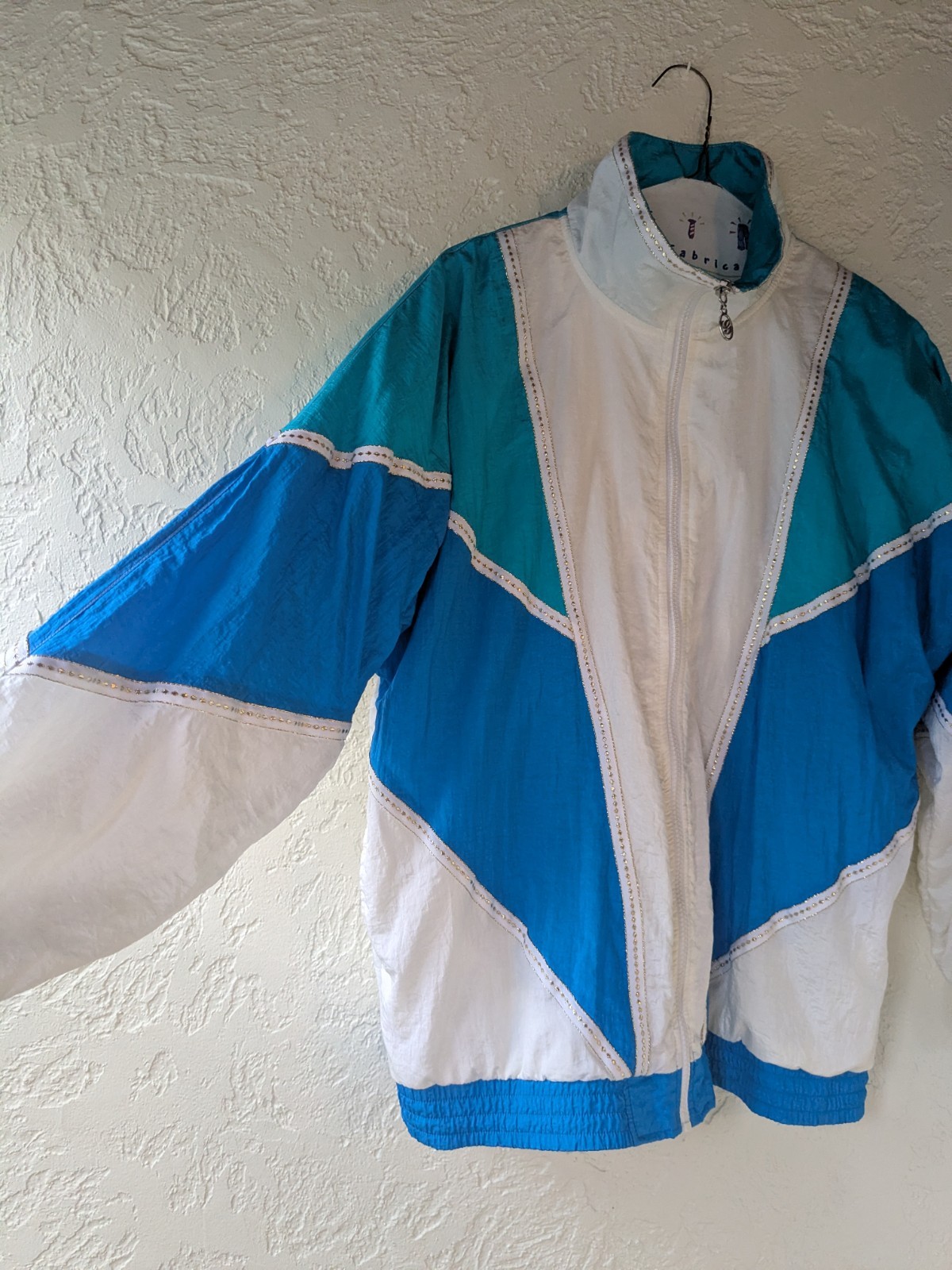 VTG Grandma G Casuals Zip Up Windbreaker Blue White Tourquise with Gold