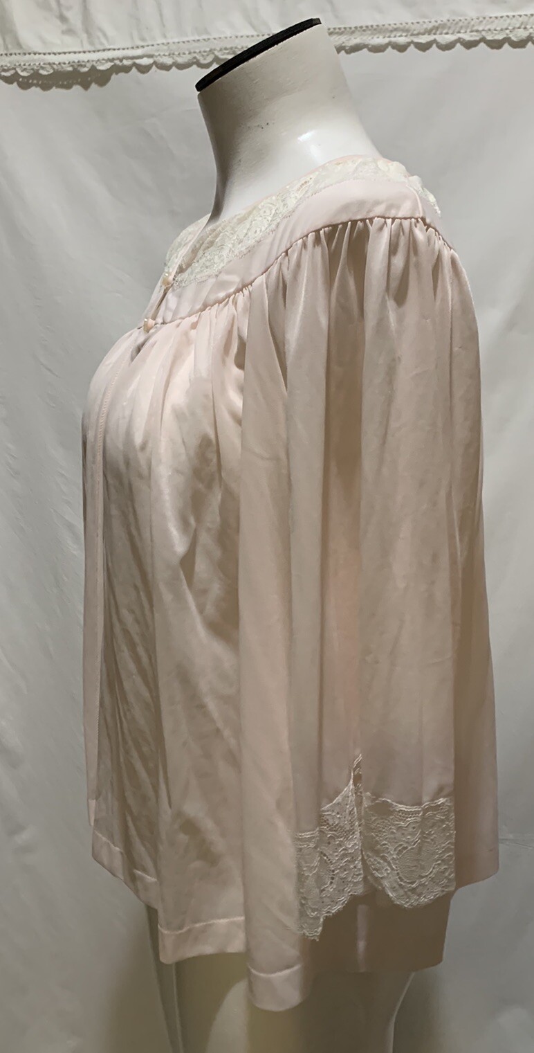 ❤️Vintage Bed Jacket M/L Pink Nylon Chiffon & Lace Mid Century 50s