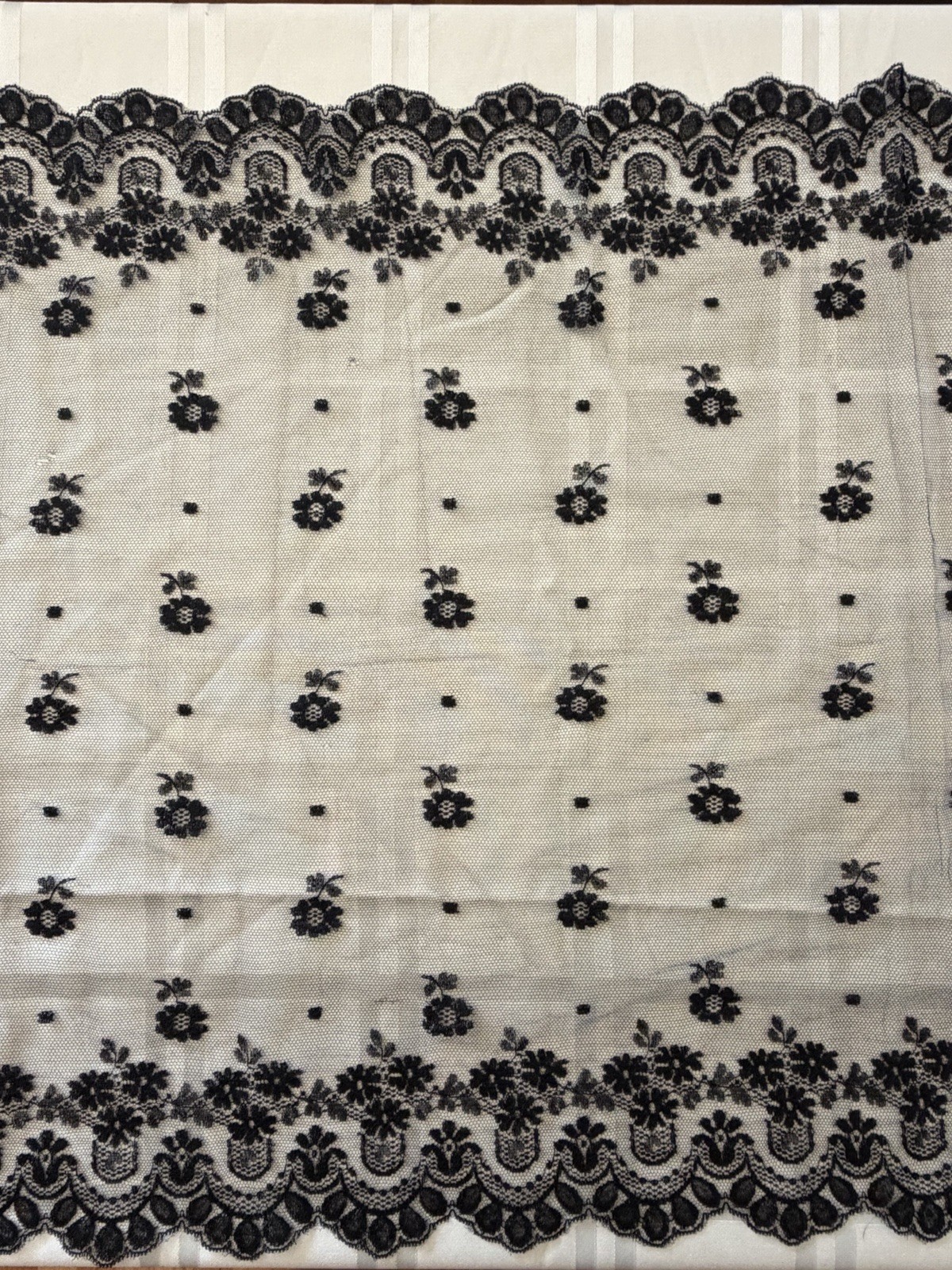 Early 1900s Black Embroidered Silk Chantilly Lace Scarf Table Runner Shawl 20×46