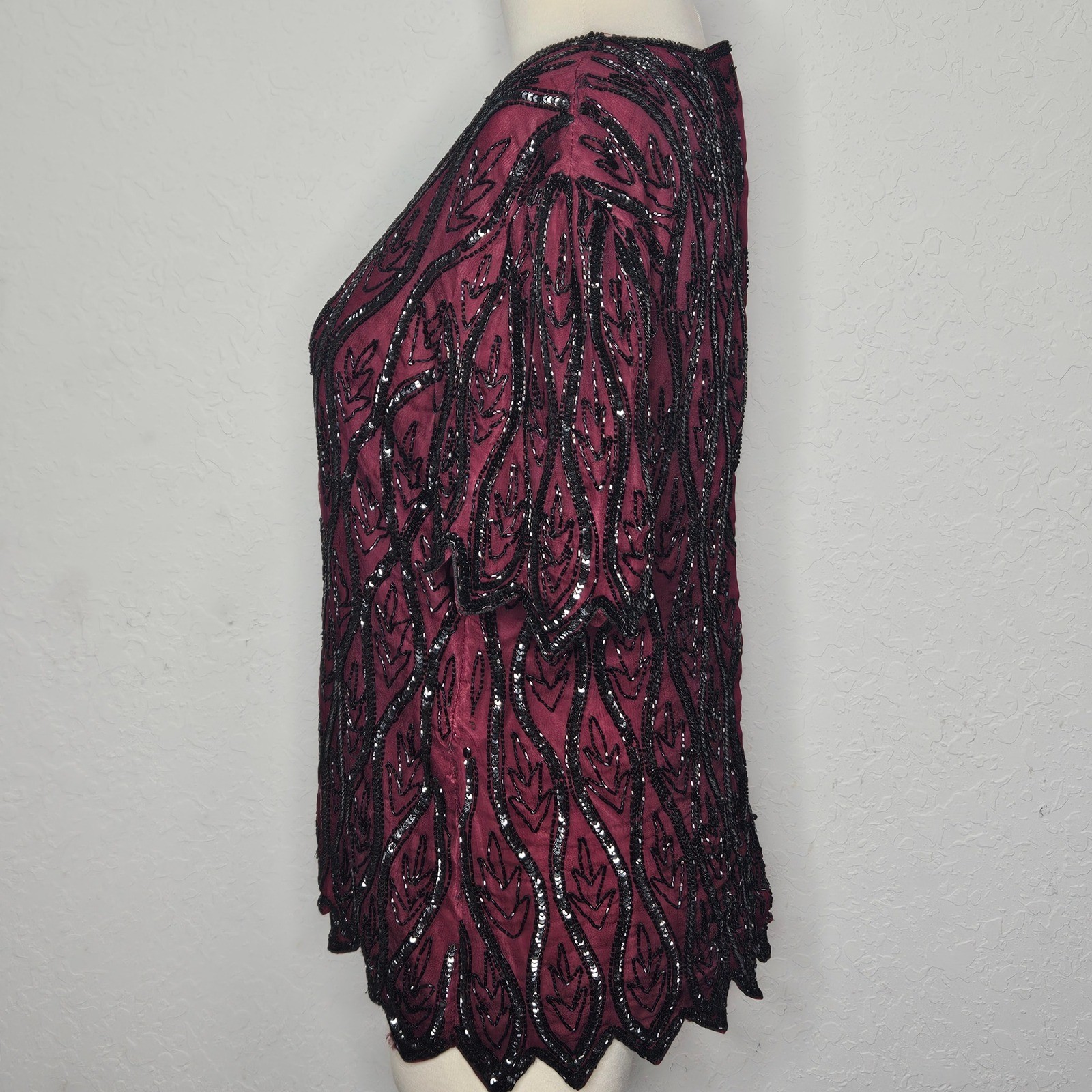 Stenay Petite Vintage Beaded Sequin Silk Blouse Burgundy Black Scalloped PL