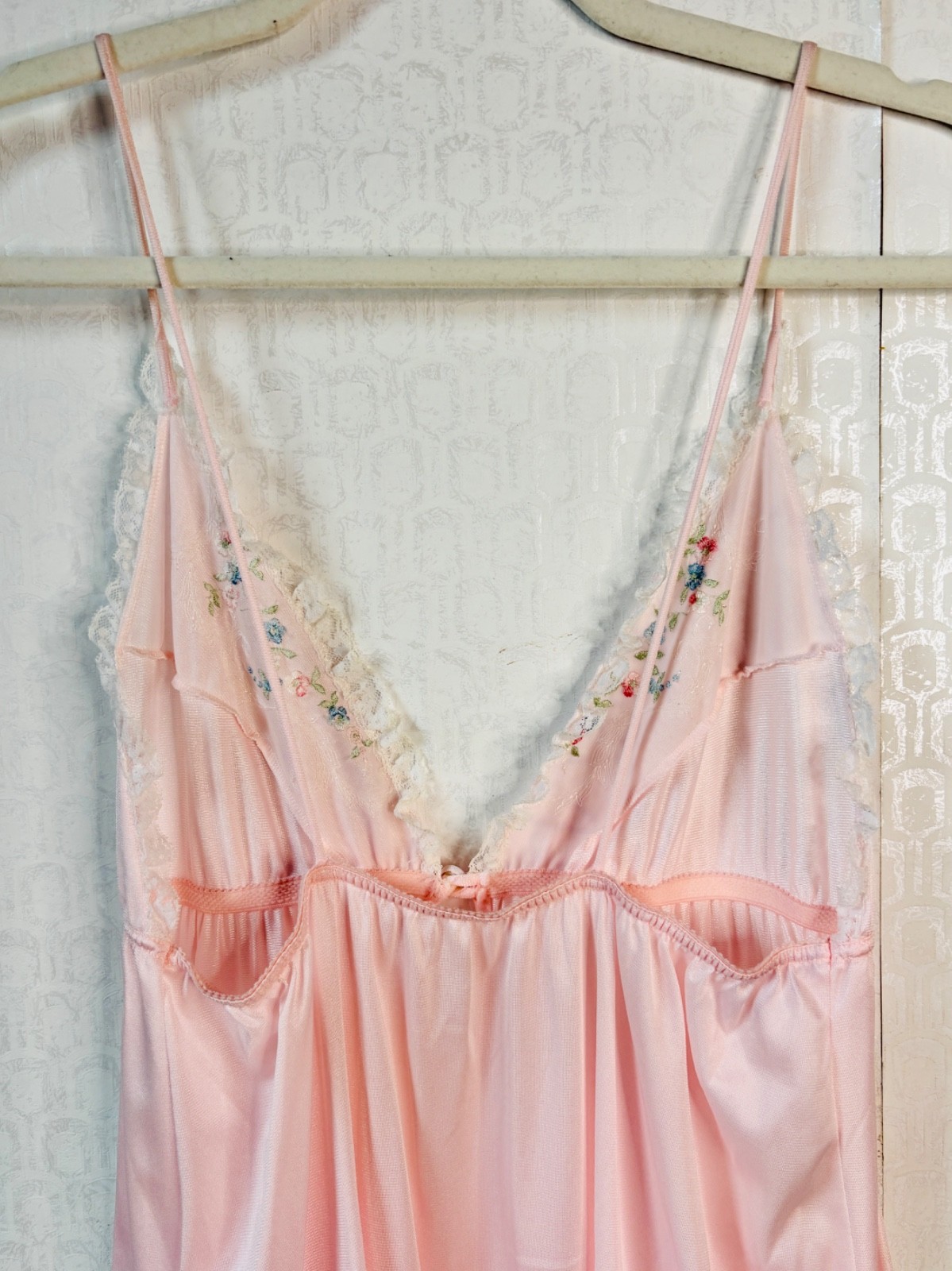 VTG VAL MODE BOHO GODDESS PINK WHITE LACE FLORAL EMBROIDERED NIGHTGOWN DRESS*S