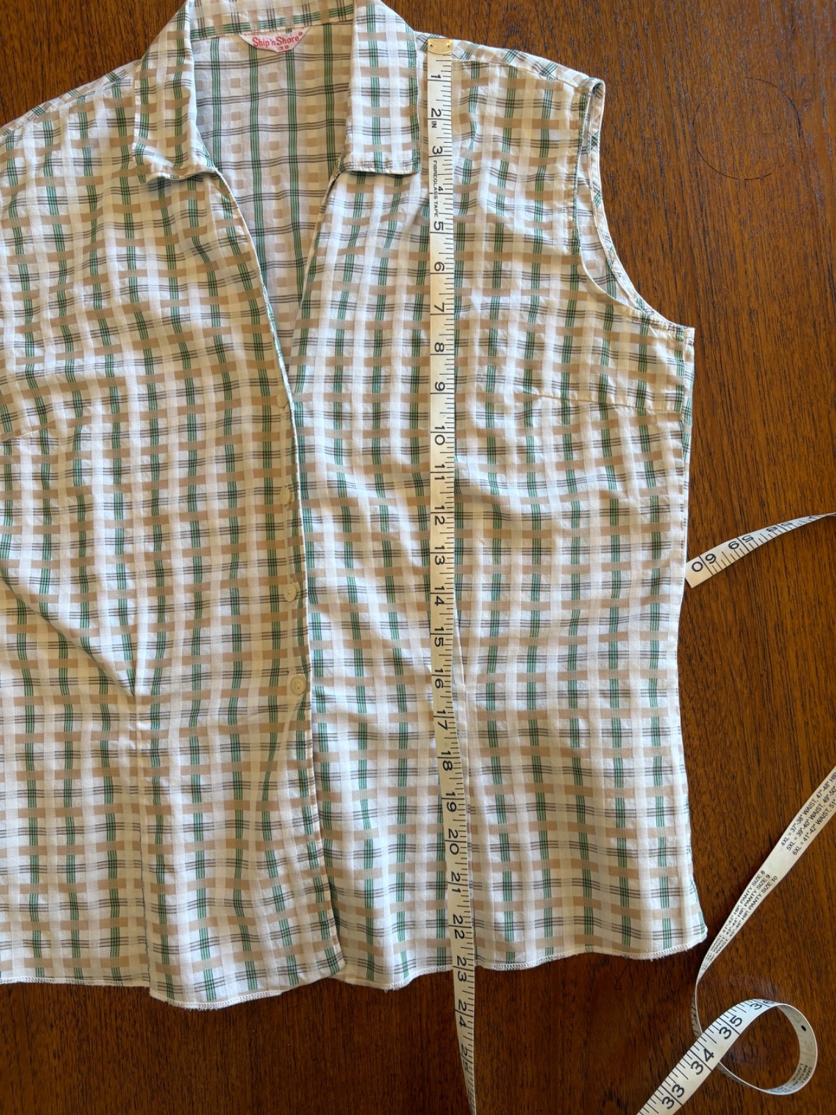 Vintage 60s Ship n Shore Thin Cotton Button down sleeveless M/L Top White &Green