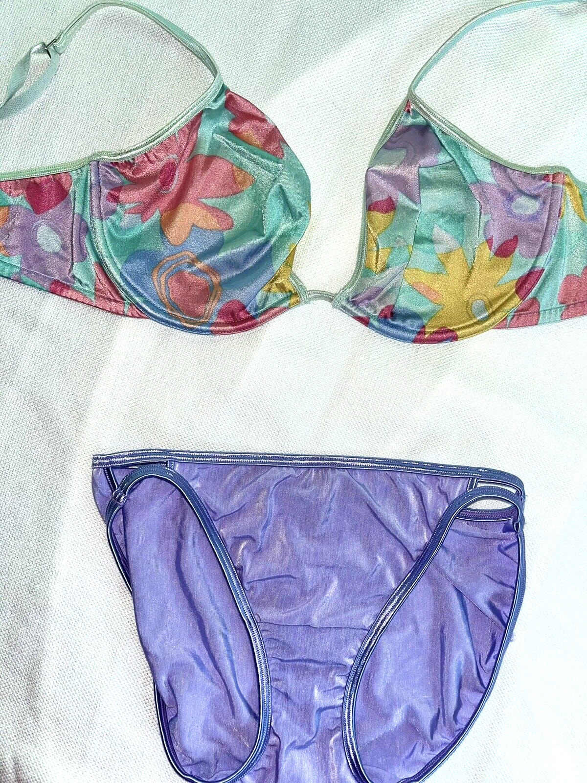 Vtg Victorias Secret Bra Y2K Unlined Pop Floral Purple Vanity Fair Panty 6 M 36D