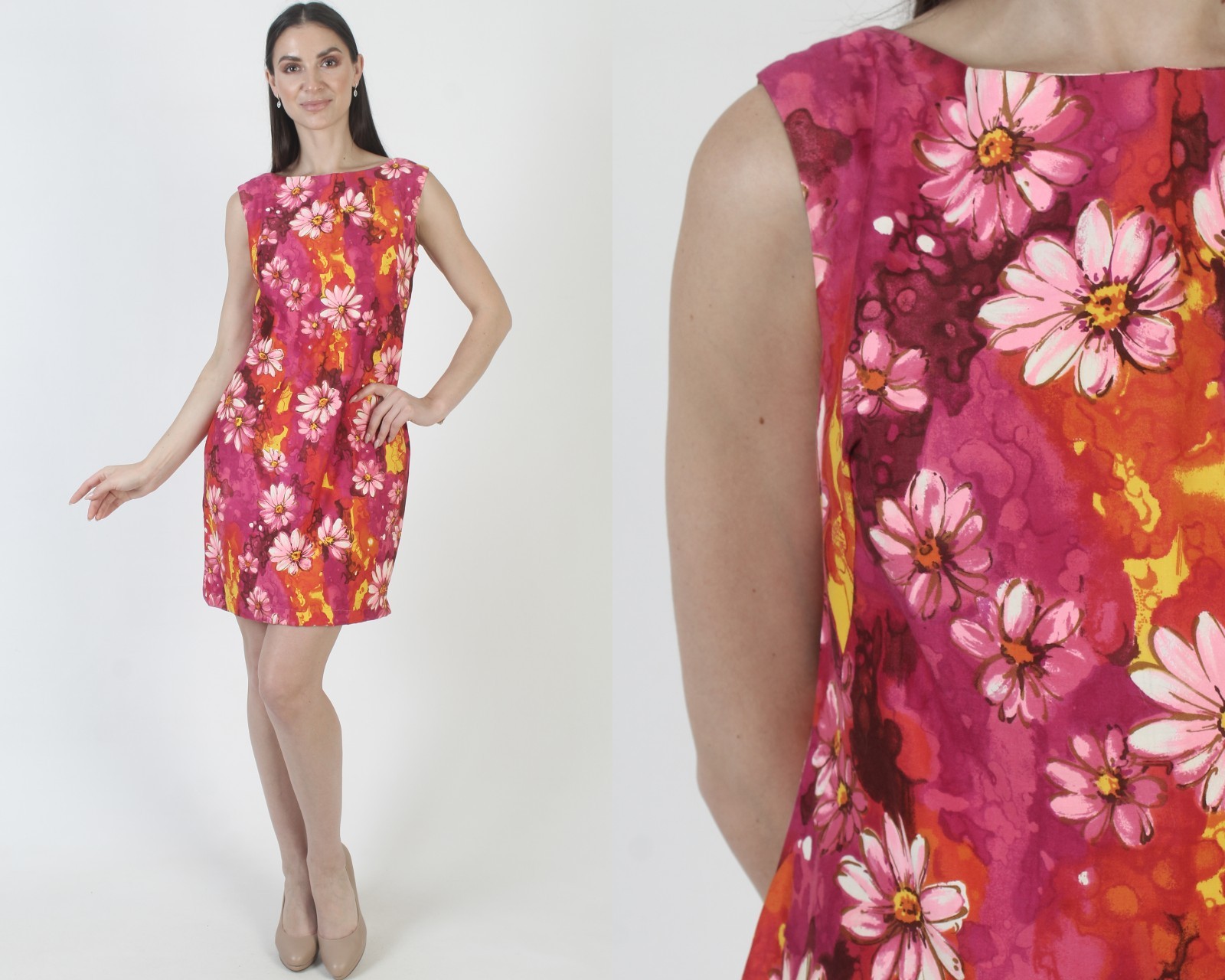 Vtg 60s Psychedelic Hawaiian Dress Barkcloth Scooter Tiki Tropical Luau Sundress