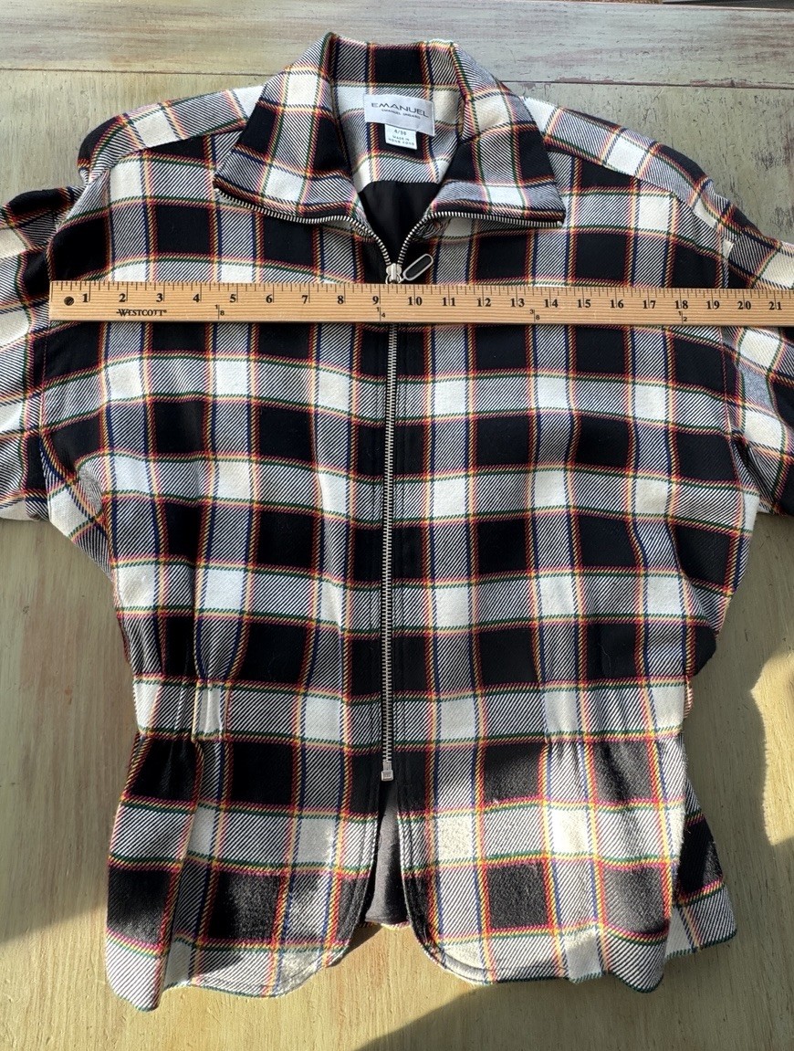 Vintage Emanuel Ungaro Plaid Jacket Y2K Preppy Blazer Size 4/38 Black Multi Zip