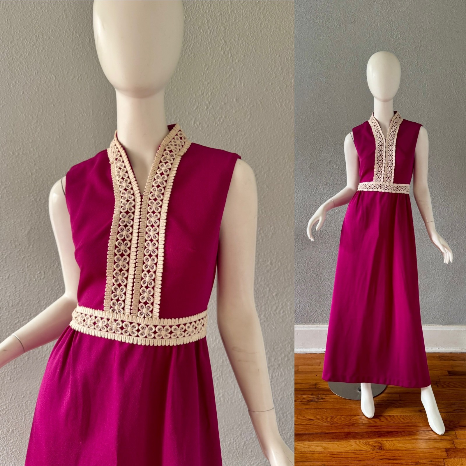 Vintage 60s Fuchsia Grecian Boho Hostess Maxi Dress M