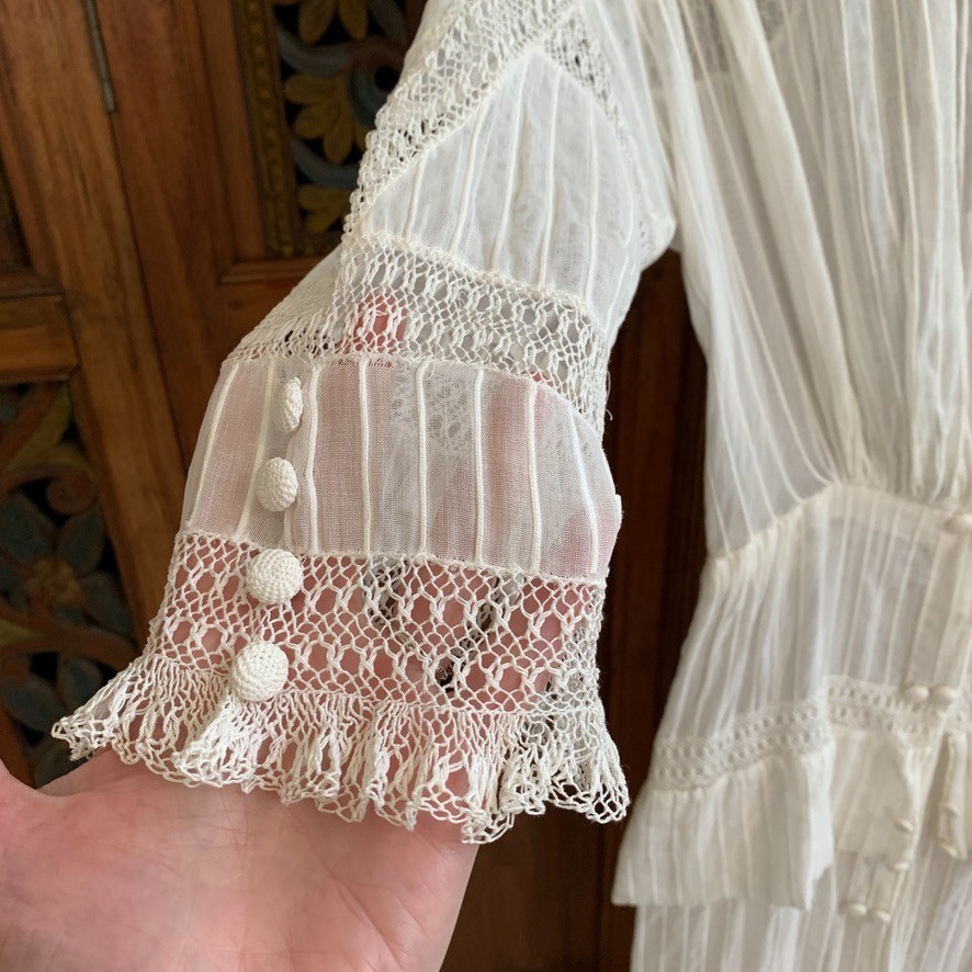 Antique Edwardian White Cotton Dress XXS Crochet Lace Lawn Tea Victorian Sheer