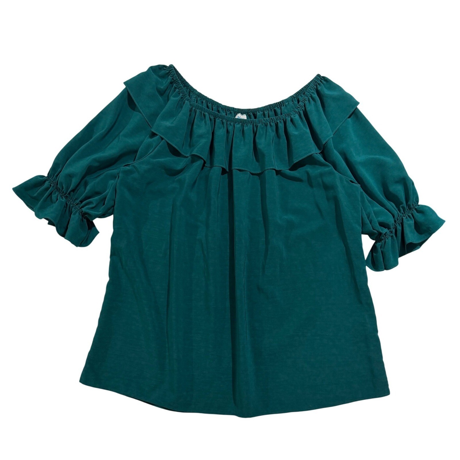 Vintage Malco Modes Teal Peasant Blouse Off Shoulder Ruffle Top USA L