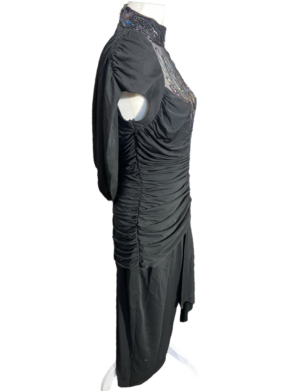 Vtg Casadei Black Beaded Runched Dress Plunging Neckline Sz 8