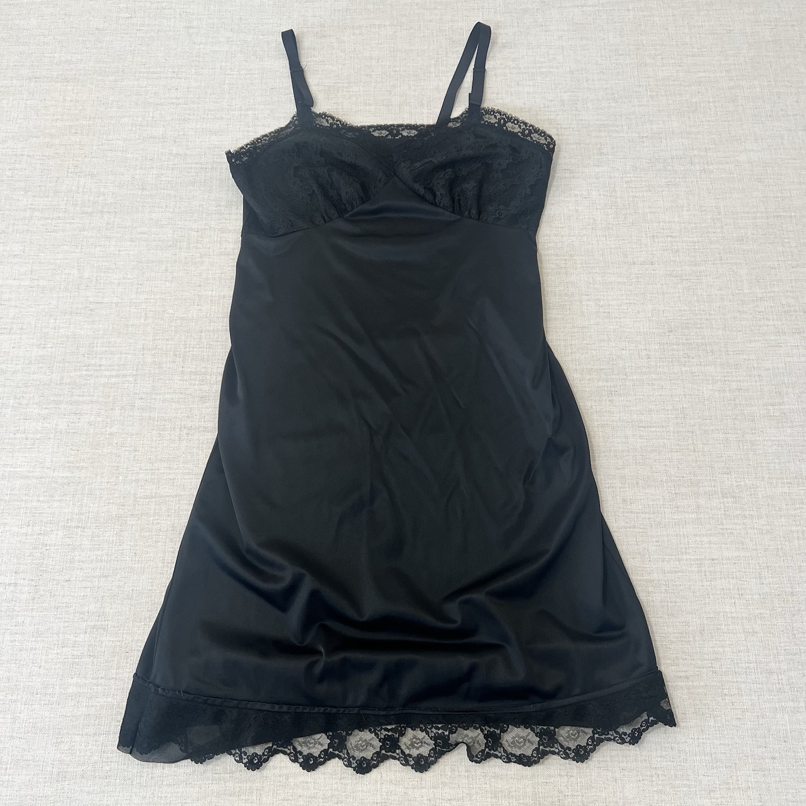 Vintage Lorraine Perfect Fit Black Full Slip Nightgown Size 36 Lace Trim