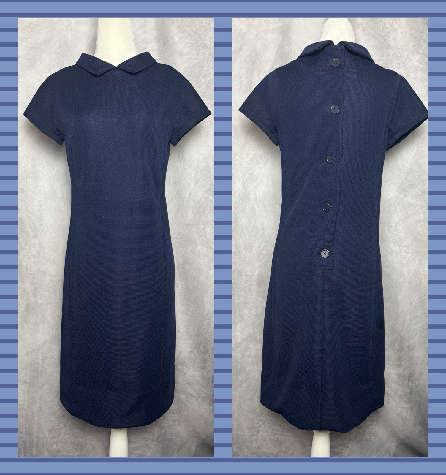 Vintage 1960s L&rsquo;Aiglon Navy Blue Mod Shift Dress Double Knit Dacron Cap Sleeve M